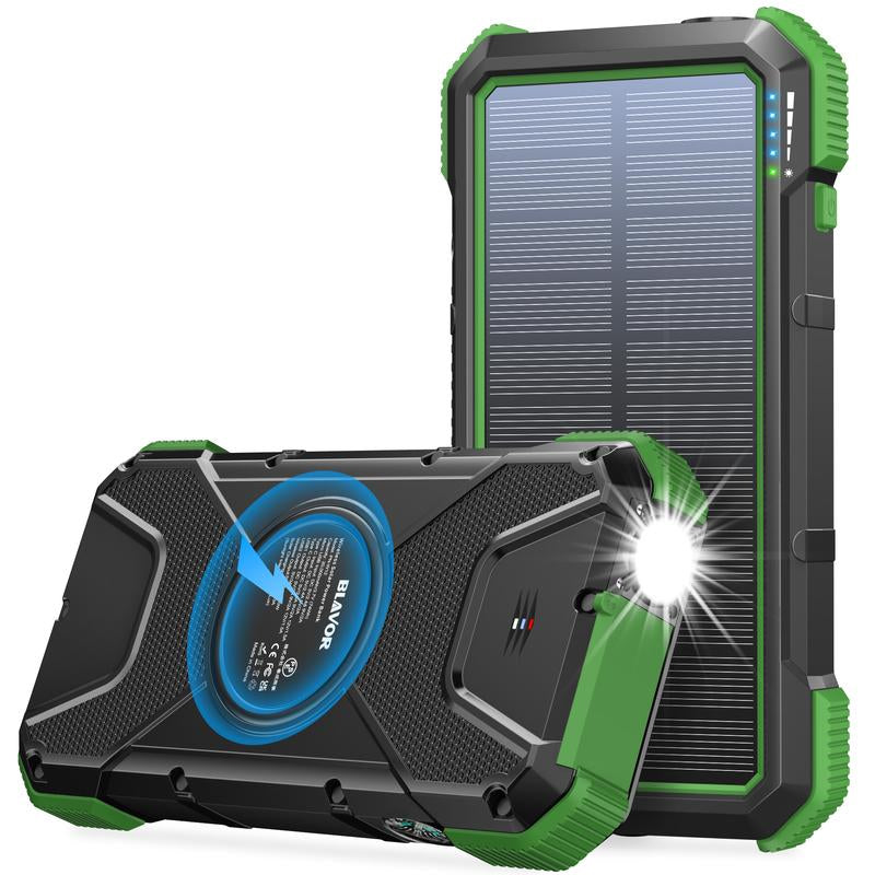BLAVOR Solar Power Bank QC3.0 Fast Charging 10W Wireless Charger 20000Mah Solar Powered Powerbank with Type C Input/Output, IPX5 Waterproof, Camping Flashlight, Compass, Carabiner