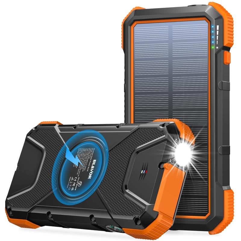 BLAVOR Solar Power Bank QC3.0 Fast Charging 10W Wireless Charger 20000Mah Solar Powered Powerbank with Type C Input/Output, IPX5 Waterproof, Camping Flashlight, Compass, Carabiner