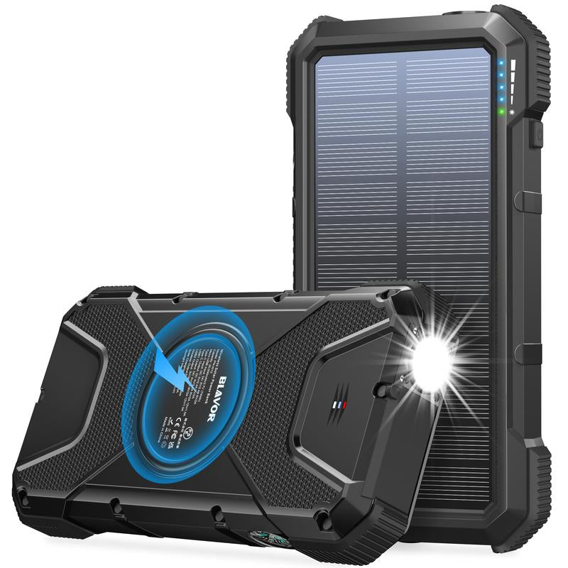 BLAVOR Solar Power Bank QC3.0 Fast Charging 10W Wireless Charger 20000Mah Solar Powered Powerbank with Type C Input/Output, IPX5 Waterproof, Camping Flashlight, Compass, Carabiner
