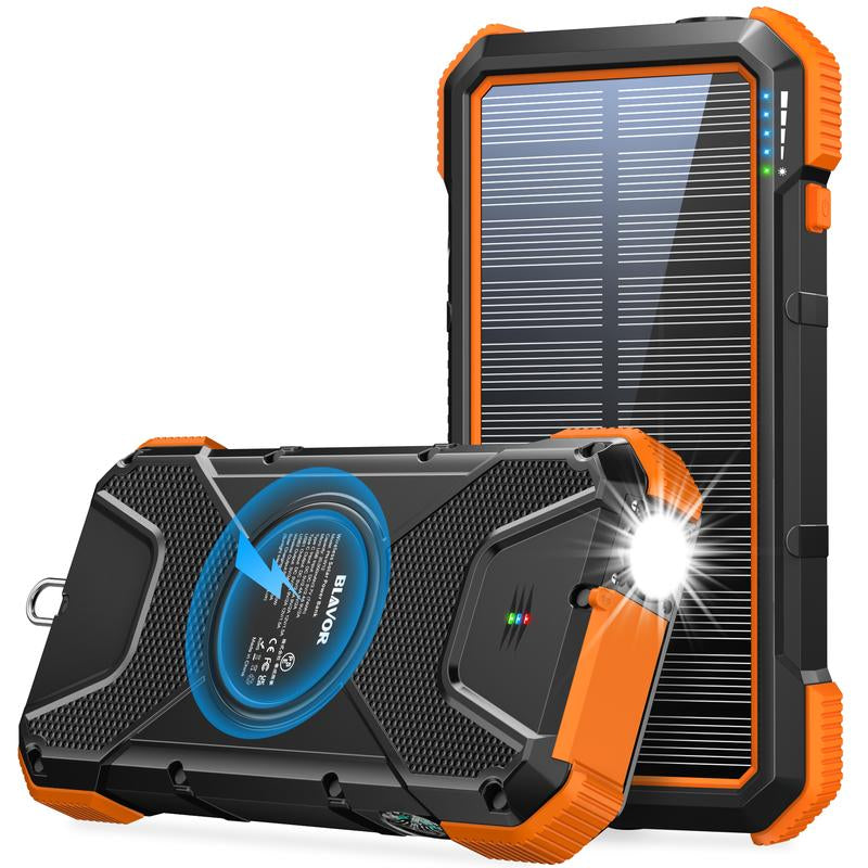 BLAVOR Solar Power Bank QC3.0 Fast Charging 10W Wireless Charger 20000Mah Solar Powered Powerbank with Type C Input/Output, IPX5 Waterproof, Camping Flashlight, Compass, Carabiner