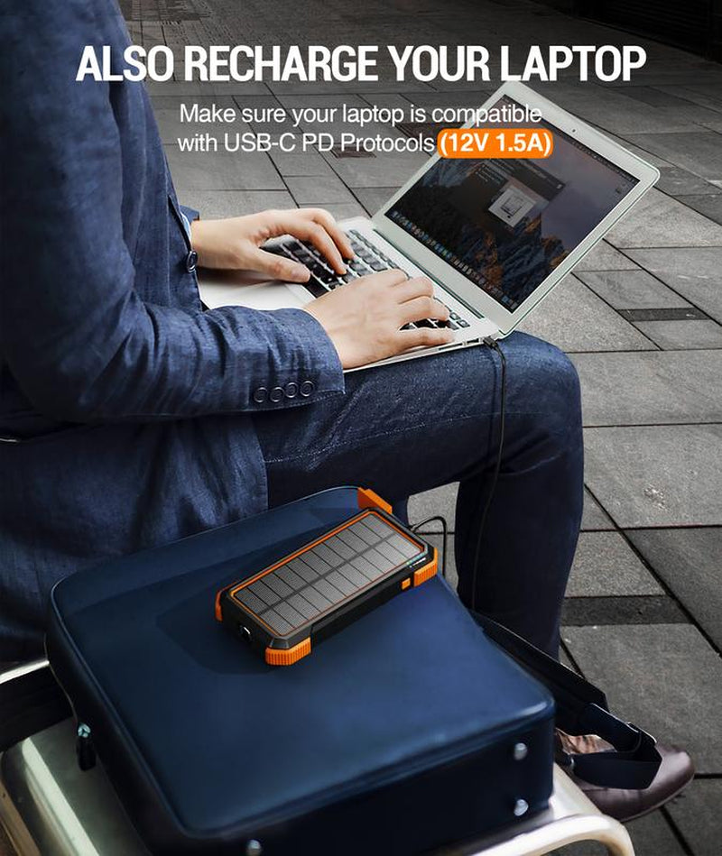 BLAVOR Solar Power Bank QC3.0 Fast Charging 10W Wireless Charger 20000Mah Solar Powered Powerbank with Type C Input/Output, IPX5 Waterproof, Camping Flashlight, Compass, Carabiner