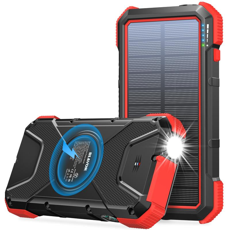 BLAVOR Solar Power Bank QC3.0 Fast Charging 10W Wireless Charger 20000Mah Solar Powered Powerbank with Type C Input/Output, IPX5 Waterproof, Camping Flashlight, Compass, Carabiner