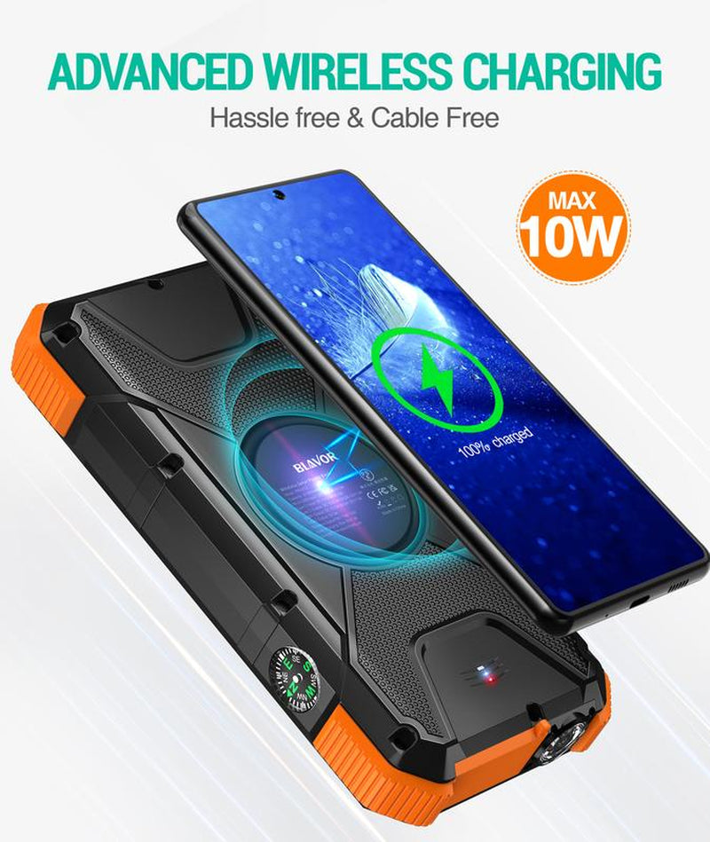 BLAVOR Solar Power Bank QC3.0 Fast Charging 10W Wireless Charger 20000Mah Solar Powered Powerbank with Type C Input/Output, IPX5 Waterproof, Camping Flashlight, Compass, Carabiner