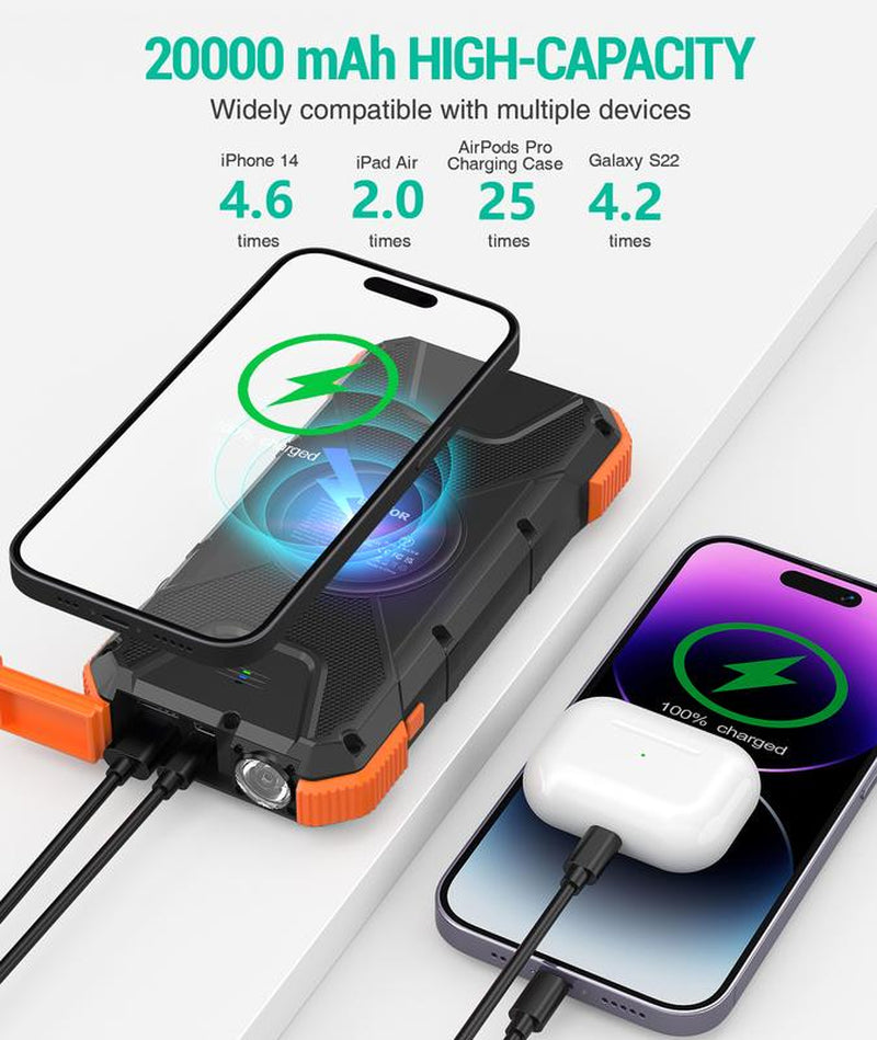 BLAVOR Solar Power Bank QC3.0 Fast Charging 10W Wireless Charger 20000Mah Solar Powered Powerbank with Type C Input/Output, IPX5 Waterproof, Camping Flashlight, Compass, Carabiner