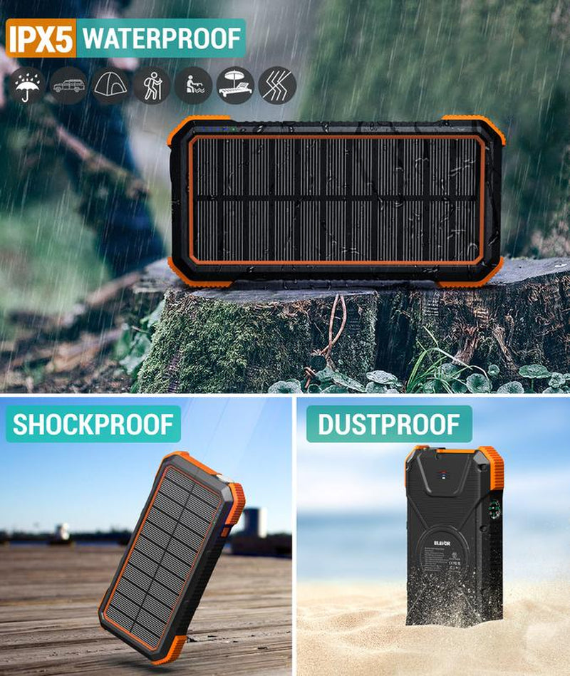 BLAVOR Solar Power Bank QC3.0 Fast Charging 10W Wireless Charger 20000Mah Solar Powered Powerbank with Type C Input/Output, IPX5 Waterproof, Camping Flashlight, Compass, Carabiner