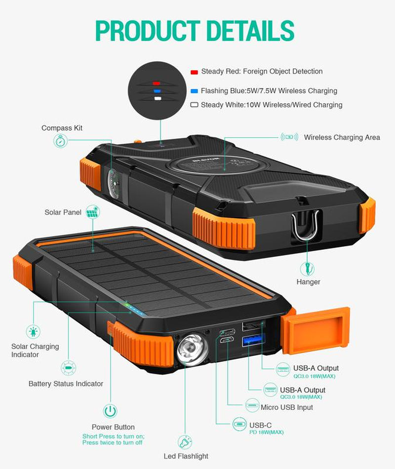 BLAVOR Solar Power Bank QC3.0 Fast Charging 10W Wireless Charger 20000Mah Solar Powered Powerbank with Type C Input/Output, IPX5 Waterproof, Camping Flashlight, Compass, Carabiner